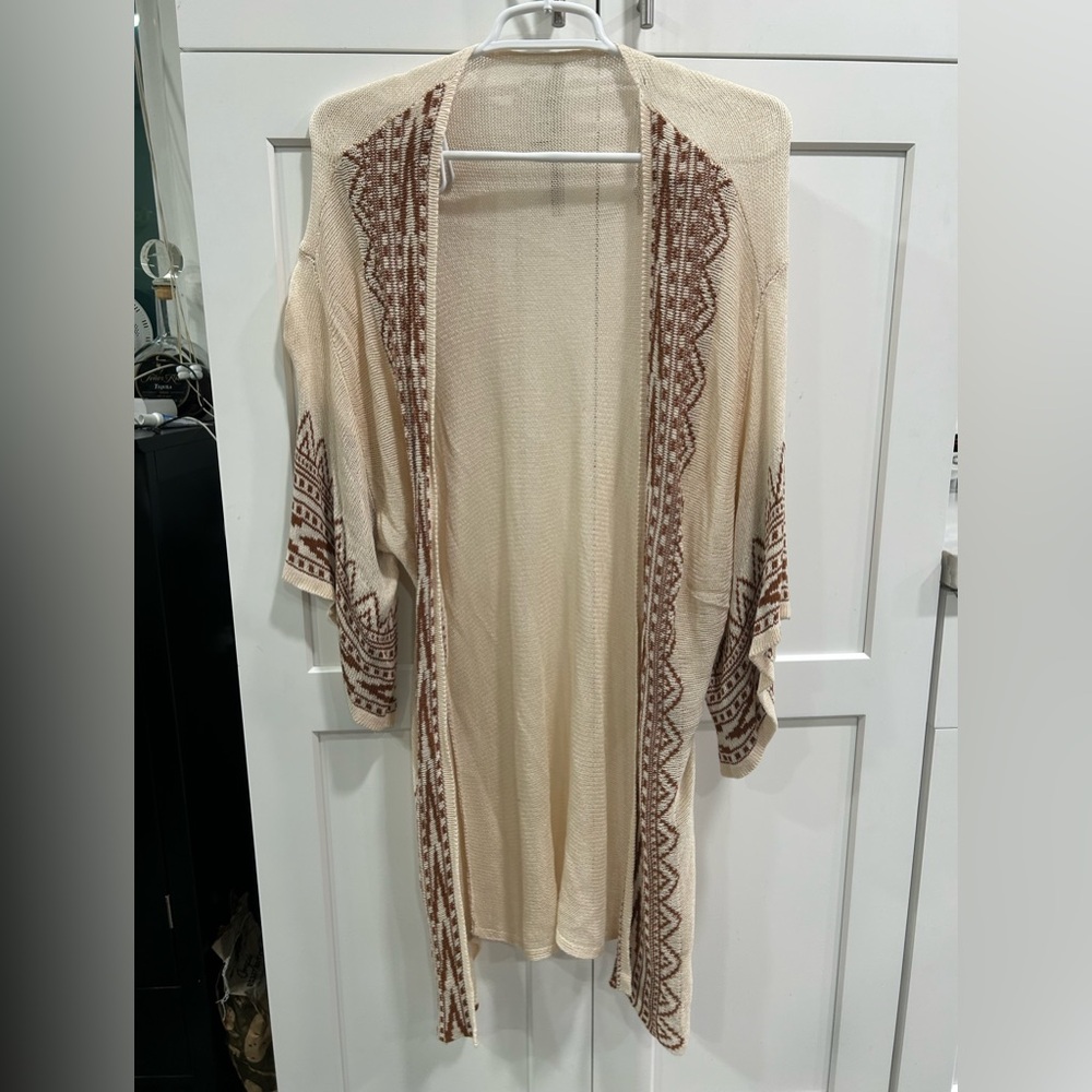 Cream and Brown Open Front Cardigan